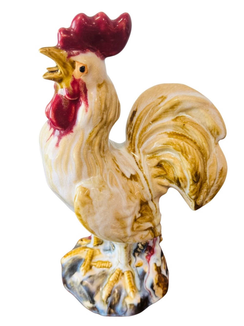 Vtg Hand-Painted Ceramic Rooster Figurine - 12”x7” - Cream and Red